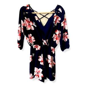 Rags to Wishes Black Floral Wrap Front Open Back 3/4 Sleeve Romper Playsuit